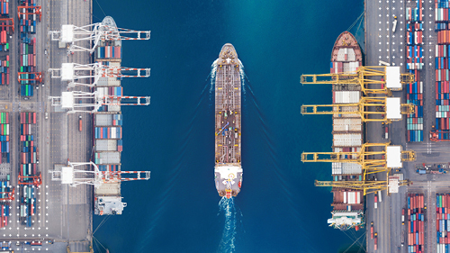 Container ship aerial view at port