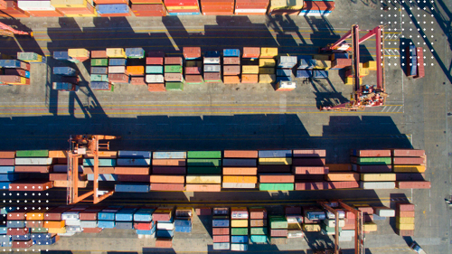 Colorful cargo containers aerial view at port