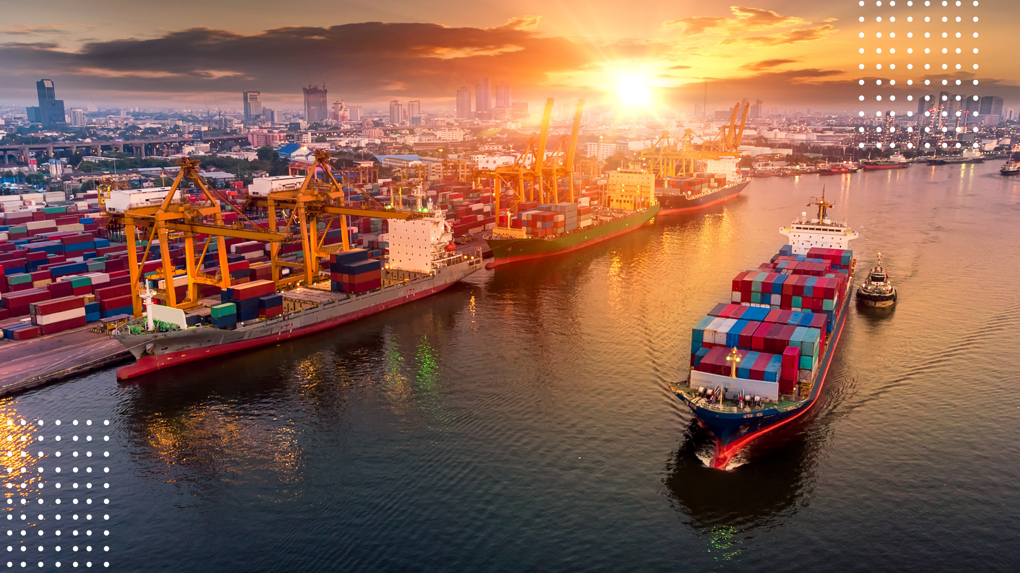 container ship near port at sunset with city background